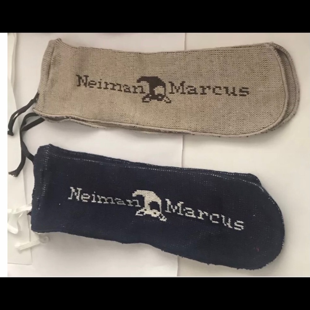 New Neiman Marcus Knit Shoe Bags Travel Beige Blue - Picture 13 of 16